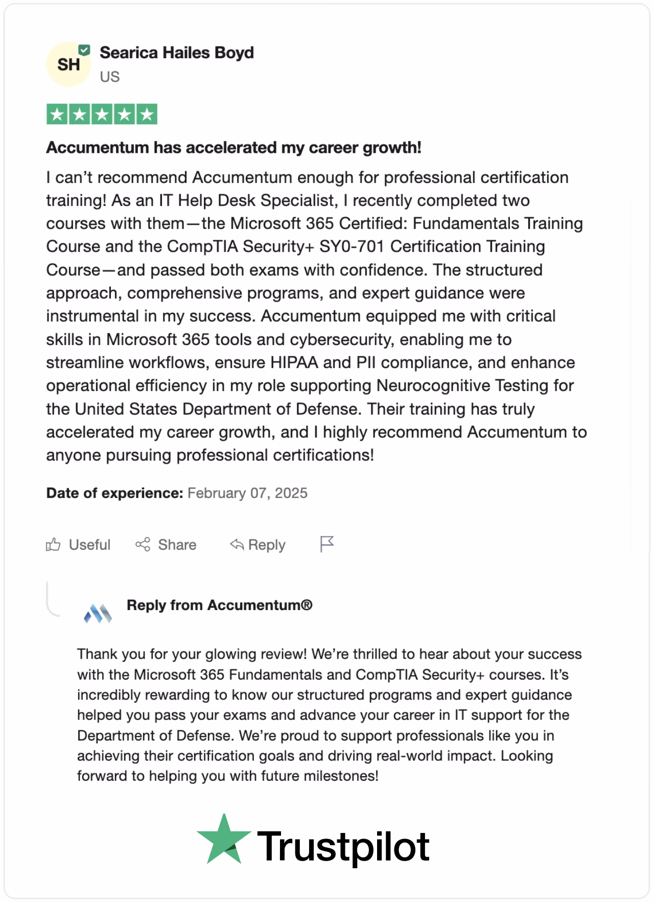 TrustPilot Review from Client to Accumentum about Excellent Training Experience with Certification Training